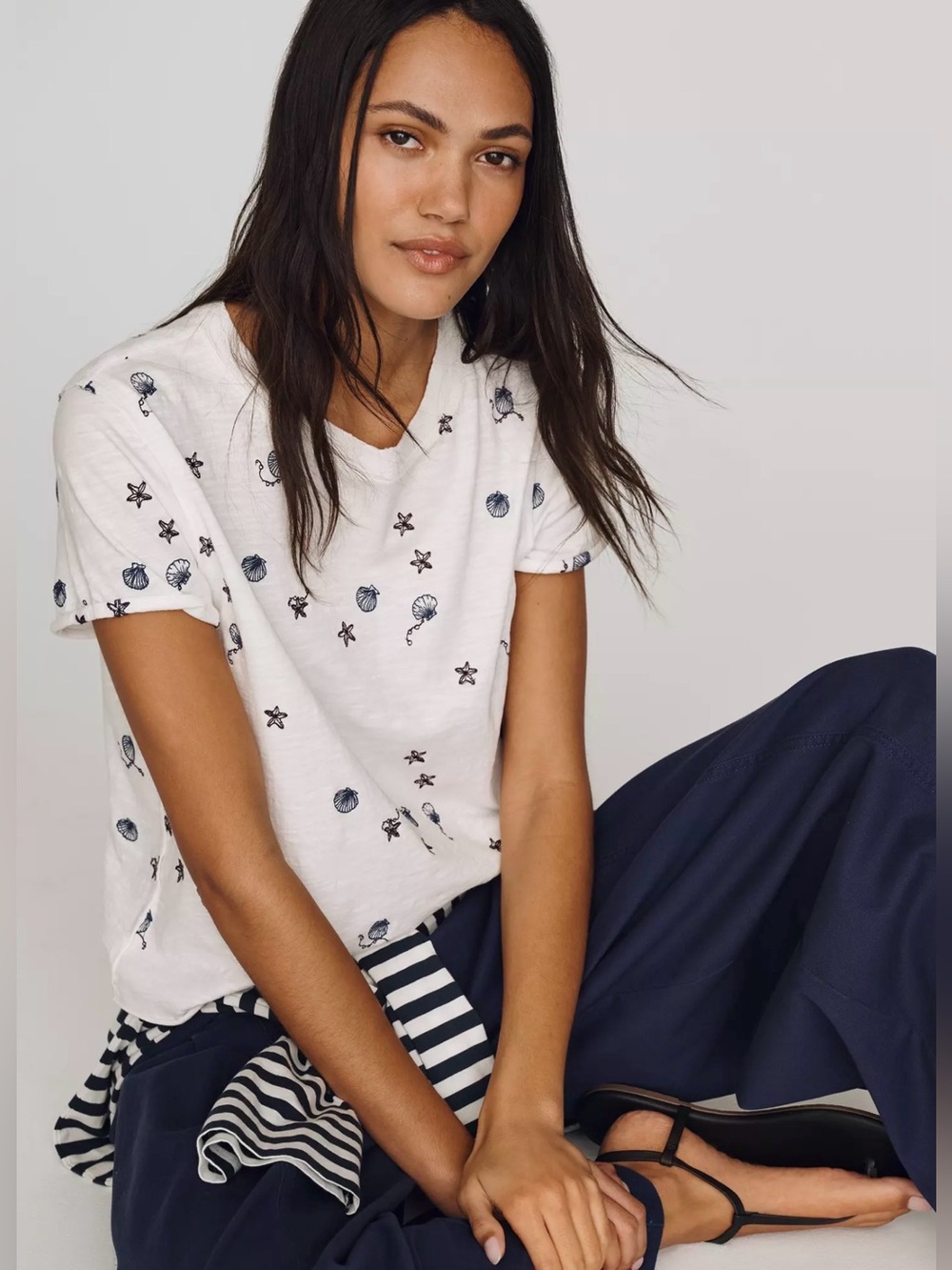 Anthropologie Maeve Caitlin Cotton Embroidered Boxy Tee ~ Navy Seashell Print